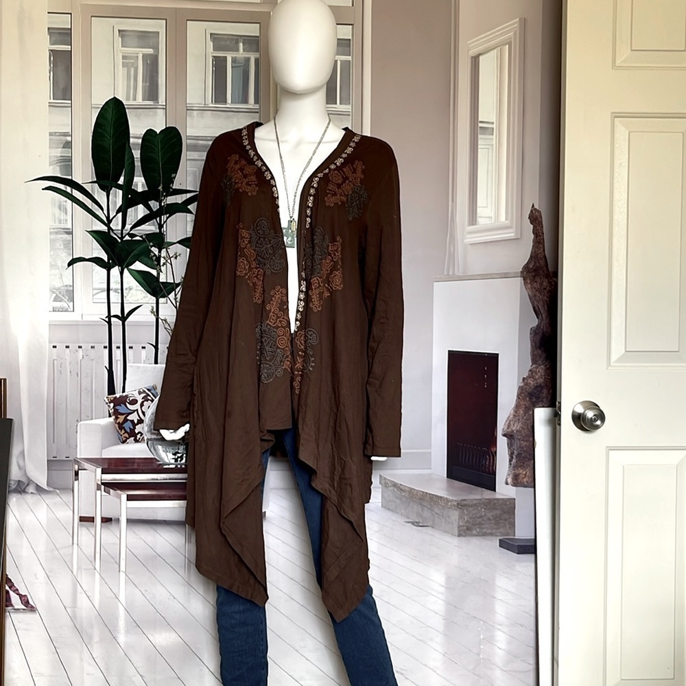 Johnny Was Brown Open Front Embroidered Long Sleeve Cardigan. Size L. P/M